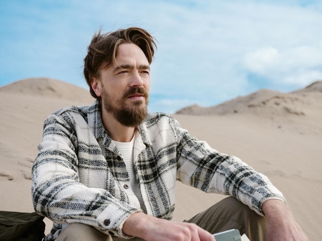 En man med rutskjorta sitter på stranden och ser ut mot havet en solig sommardag.