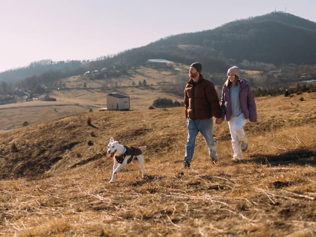 En familj promenerar med hundar i ett torrt, kuperat landskap med berg i bakgrunden.